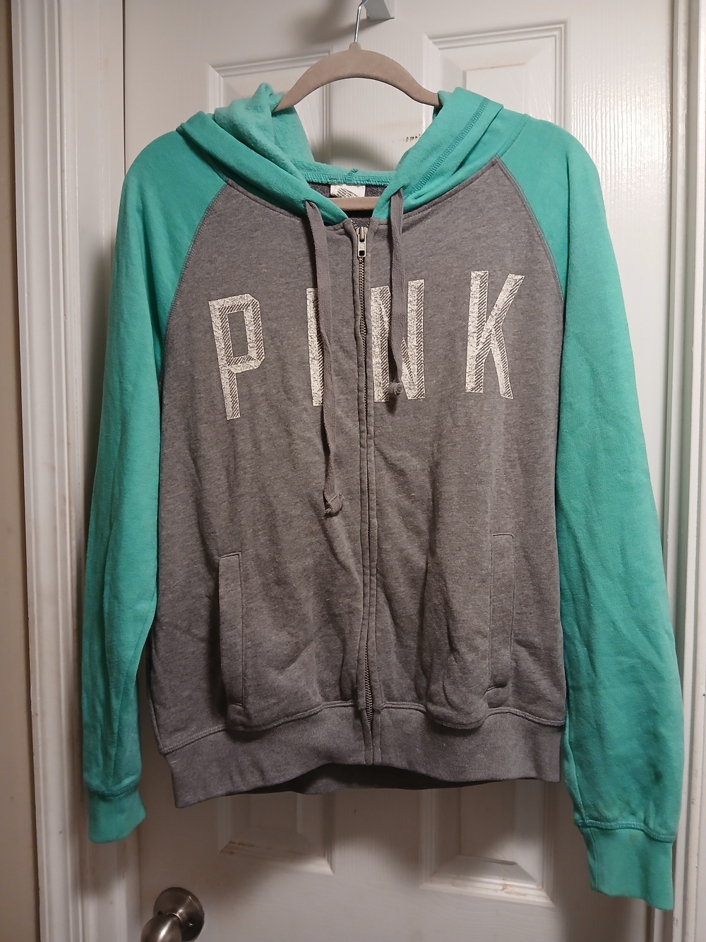 PINK Victoria's Secret Women's Mint Green and Gray Zip-Up Hoodie